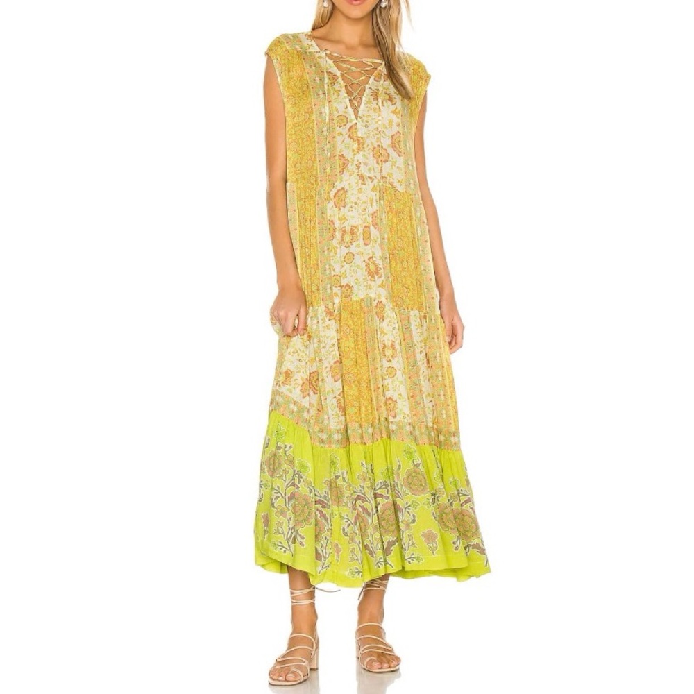 Free People Hanalei Bay Maxi Flowy Bohemian Yellow Maxi Dress Sz Small